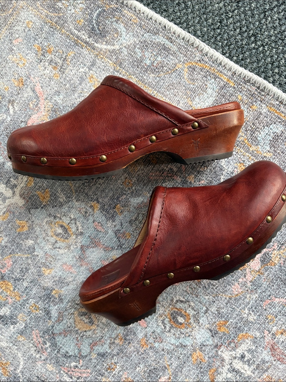 Frye Women's Cognac Leather Studded Clog Mules